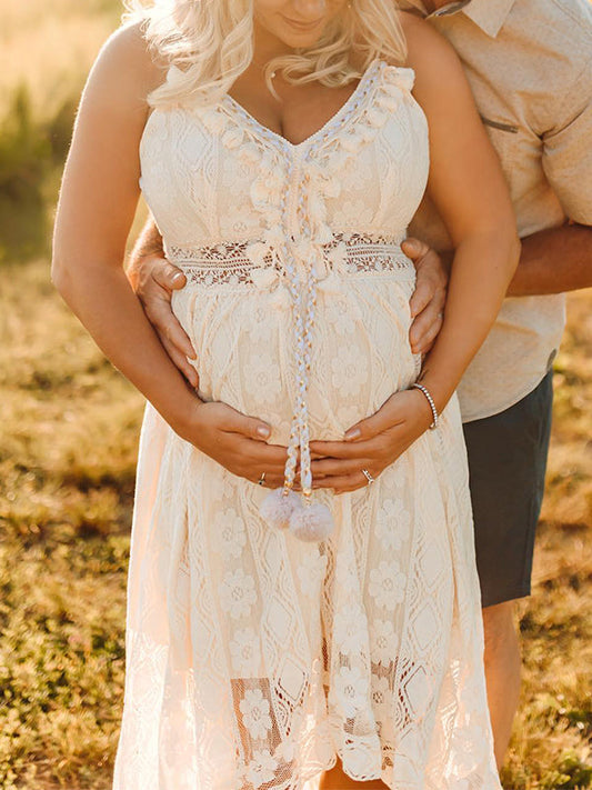 Lace Bohemian Spaghetti Strap Tassel Backless V-Neck Photoshoot Maternity Maxi Dress