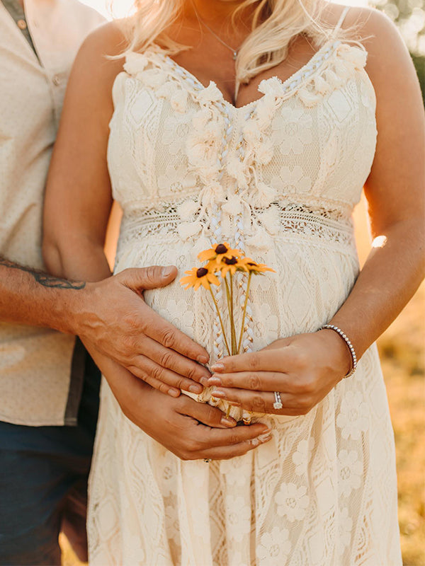Lace Bohemian Spaghetti Strap Tassel Backless V-Neck Photoshoot Maternity Maxi Dress