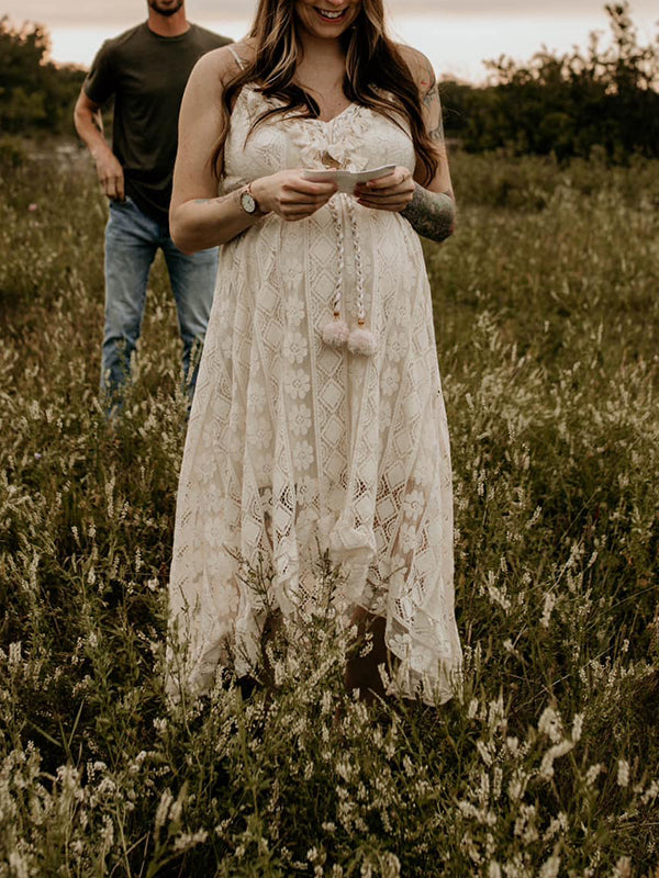 Lace Bohemian Spaghetti Strap Tassel Backless V-Neck Photoshoot Maternity Maxi Dress