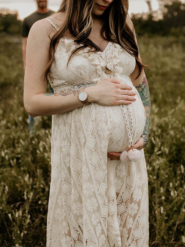 Lace Bohemian Spaghetti Strap Tassel Backless V-Neck Photoshoot Maternity Maxi Dress