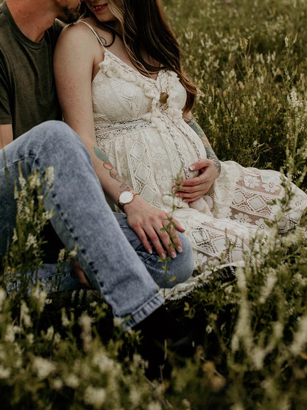 Lace Bohemian Spaghetti Strap Tassel Backless V-Neck Photoshoot Maternity Maxi Dress