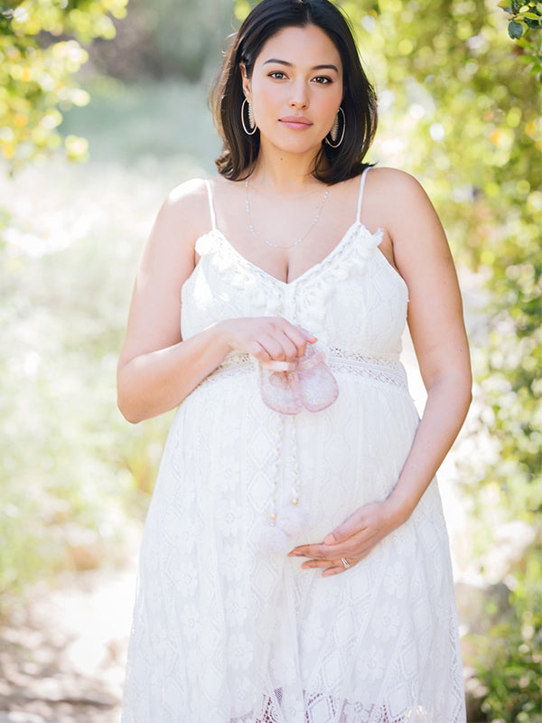 Lace Bohemian Spaghetti Strap Tassel Backless V-Neck Photoshoot Maternity Maxi Dress