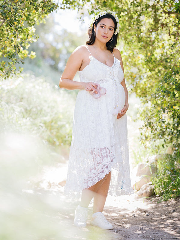 Lace Bohemian Spaghetti Strap Tassel Backless V-Neck Photoshoot Maternity Maxi Dress