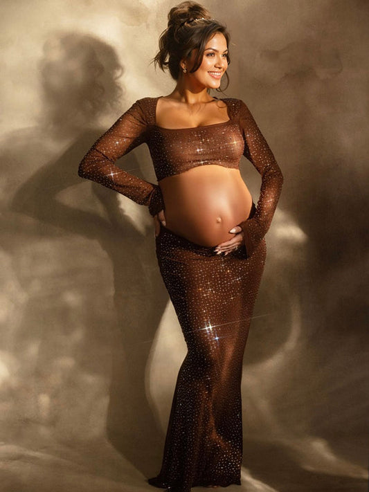 Brown Diamonds Rhinestone Two Piece Set Square Neck Crop Top And Bodycon Skirt Elegant Party Clubwear Maternity Photoshoot Baby Shower Maxi Dress
