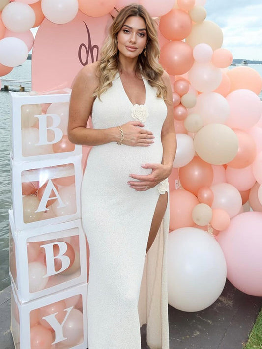 White 3D Flowers Knitting Side Slit Halter Neck Backless Elegant Baby Shower Maternity Maxi Dress