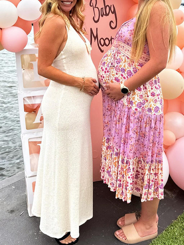 White 3D Flowers Knitting Side Slit Halter Neck Backless Elegant Baby Shower Maternity Maxi Dress