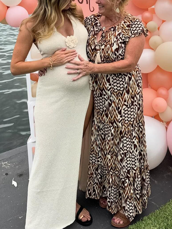 White 3D Flowers Knitting Side Slit Halter Neck Backless Elegant Baby Shower Maternity Maxi Dress