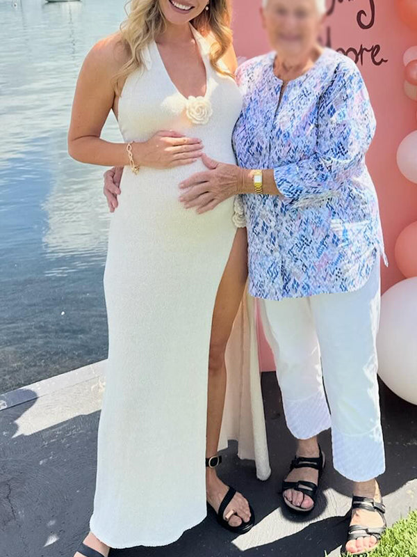 White 3D Flowers Knitting Side Slit Halter Neck Backless Elegant Baby Shower Maternity Maxi Dress