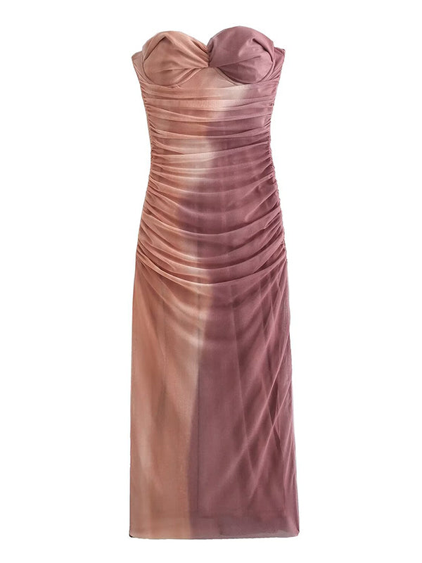 Tie Dye Mesh Ruched Bandeau Strapless Bodycon Chic Gender Reveal Party Maternity Photoshoot Baby Shower Maxi Dress
