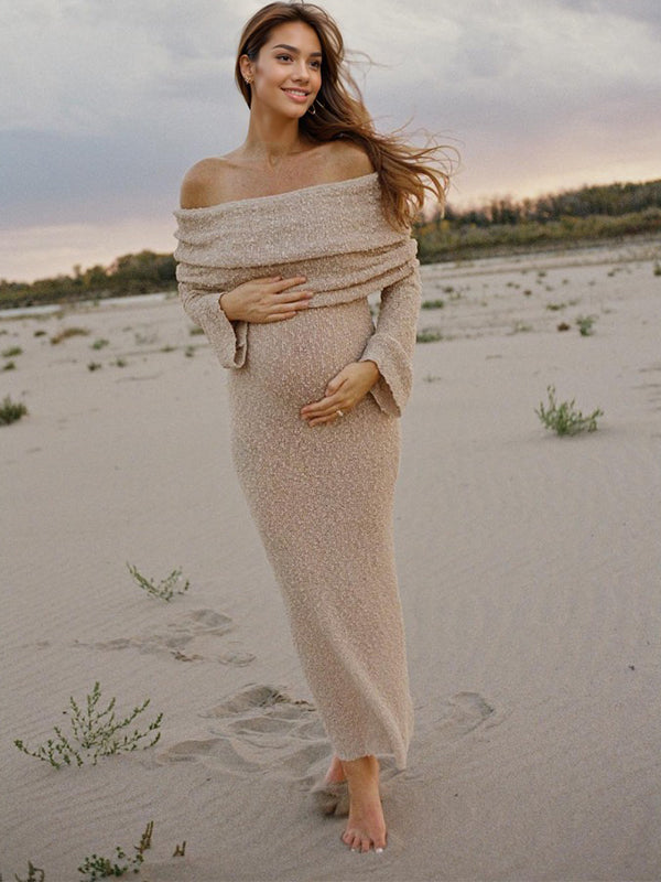Solid Color Off Shoulder Hollow Out Knitwear Bodycon Beach Vacation Dress Baby Shower Maternity Maxi Dress
