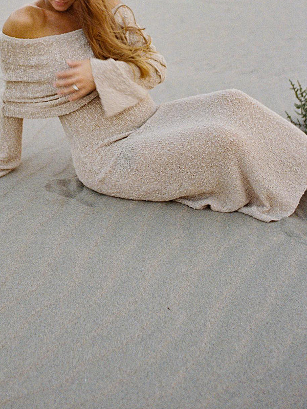 Solid Color Off Shoulder Hollow Out Knitwear Bodycon Beach Vacation Dress Baby Shower Maternity Maxi Dress