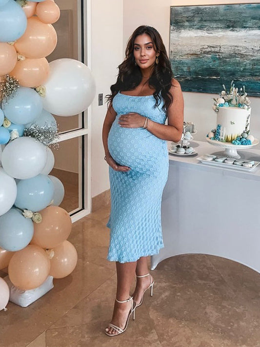 Blue Spaghetti Strap Bodycon Mermaid Backless Baby Shower Maternity Maxi Dress