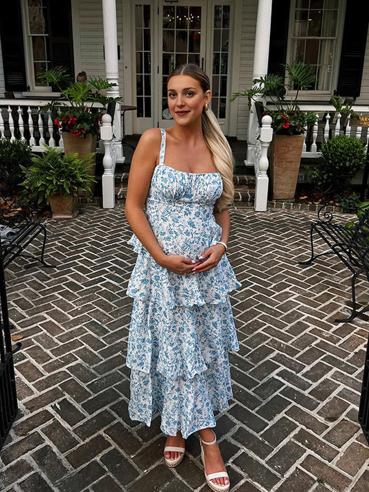Blue Floral Layered Ruffle Falbala Tiered Skirt Tank Backless Elegant Vacation Flowy Maternity Photoshoot Baby Shower Maxi Dress