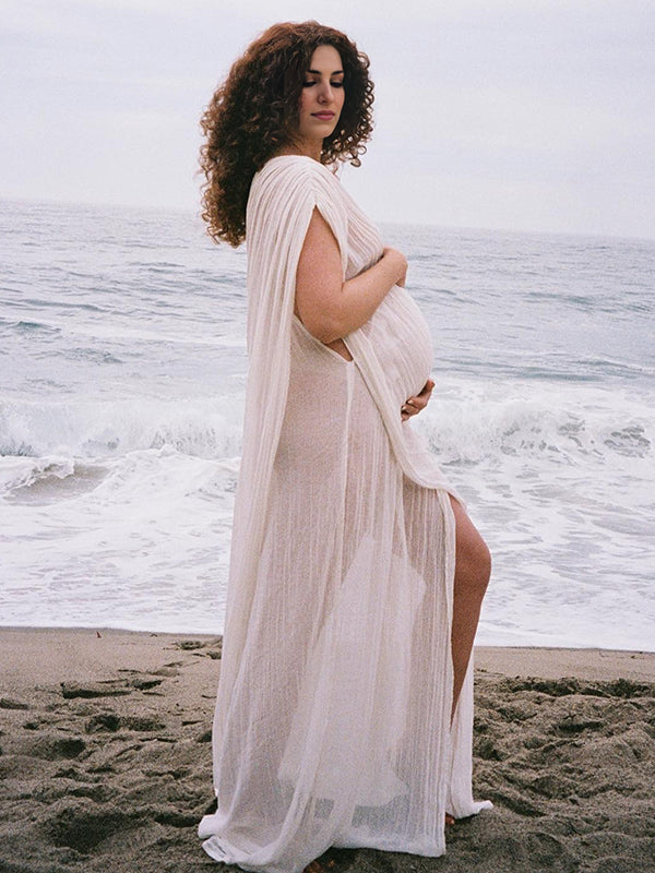 White Irregular Side Slit Off Shoulder Deep V-neck Flowy Beach Cover Up Elegant Vacation Maternity Photoshoot Baby Shower Maxi Dress