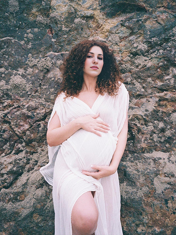 White Irregular Side Slit Off Shoulder Deep V-neck Flowy Beach Cover Up Elegant Vacation Maternity Photoshoot Baby Shower Maxi Dress