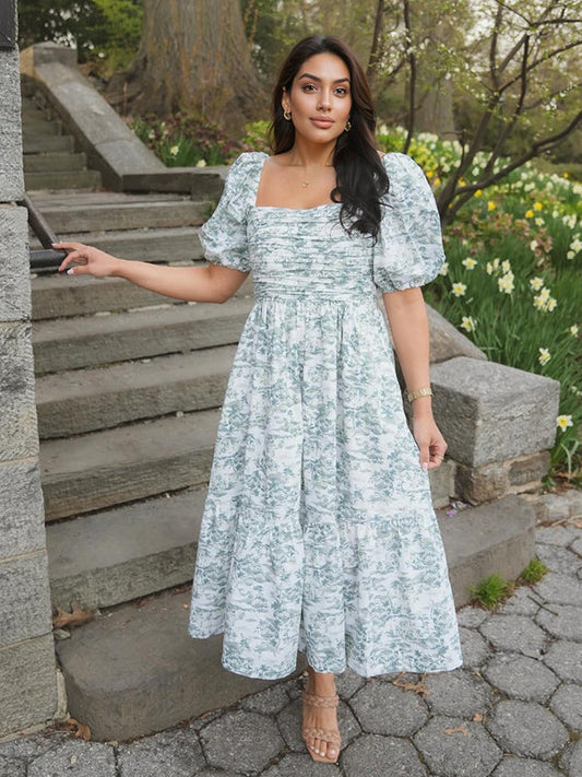 Floral Print U-Neck Cascading Ruffle Elegant Baby Shower Maternity Maxi Dress