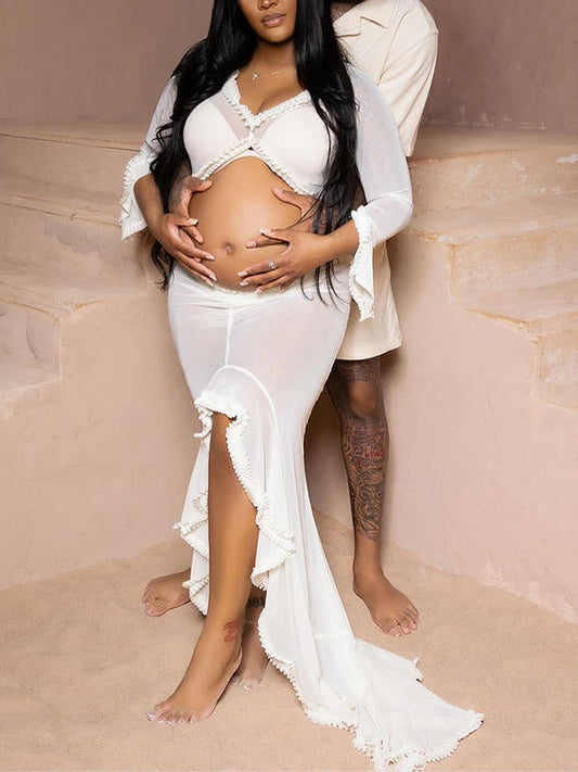 White Ruffle Cut Out Crop Irregular Split Sheer Vacation Dress Bodycon Photoshoot Maternity Maxi Dress