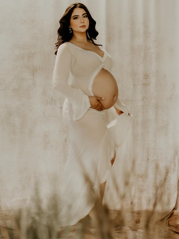 White Ruffle Cut Out Crop Irregular Split Sheer Vacation Dress Bodycon Photoshoot Maternity Maxi Dress