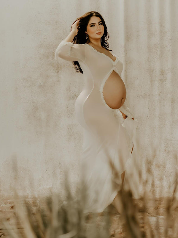 White Ruffle Cut Out Crop Irregular Split Sheer Vacation Dress Bodycon Photoshoot Maternity Maxi Dress