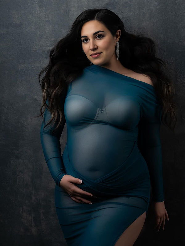 Blue Sheer Mesh One Shoulder Side Slit Ruched Chic Party Clubwear Maternity Photoshoot Baby Shower Maxi Dress