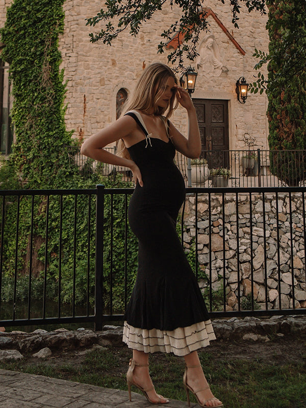 Black Falbala Bow Ruffle Tank Patchwork Mermaid Sweetheart Neckline Elegant Evening Gown Maternity Photoshoot Baby Shower Maxi Dress