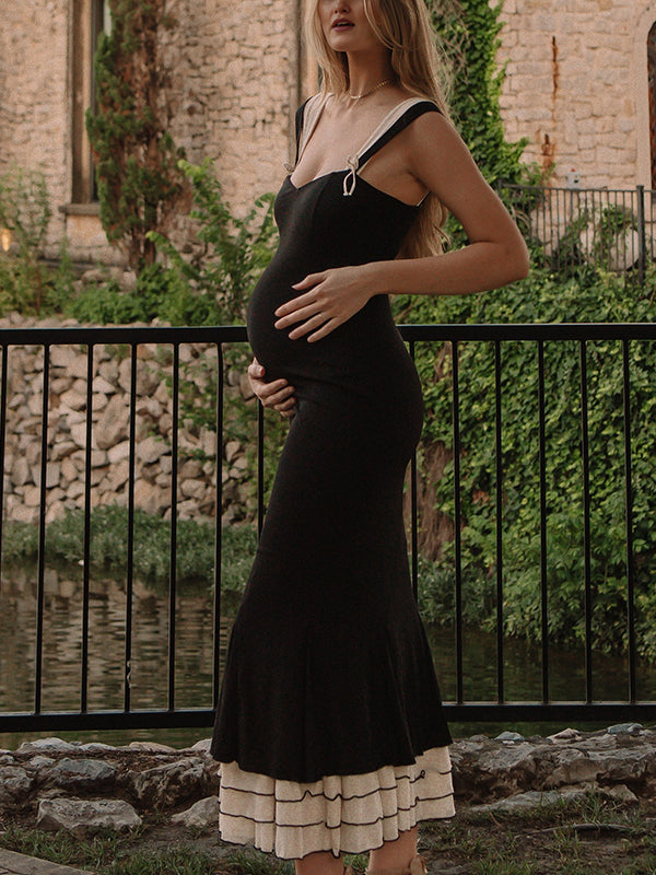 Black Falbala Bow Ruffle Tank Patchwork Mermaid Sweetheart Neckline Elegant Evening Gown Maternity Photoshoot Baby Shower Maxi Dress