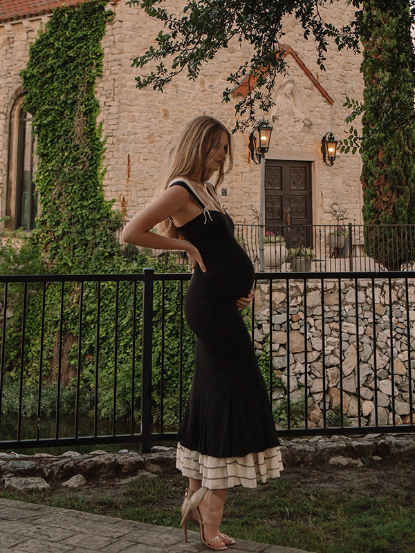 Black Falbala Bow Ruffle Tank Patchwork Mermaid Sweetheart Neckline Elegant Evening Gown Maternity Photoshoot Baby Shower Maxi Dress