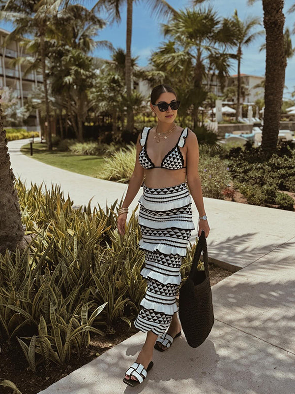 Geometric Falbala Crochet Two Piece Set Halter Neck Bra And Multilayer Ruffle Bodycon Maxi Skirt Elegant Baby Moon Beach Maternity Photoshoot Baby Shower Maxi Dress