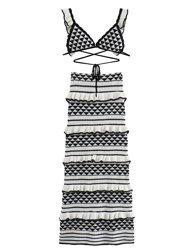 Geometric Falbala Crochet Two Piece Set Halter Neck Bra And Multilayer Ruffle Bodycon Maxi Skirt Elegant Baby Moon Beach Maternity Photoshoot Baby Shower Maxi Dress