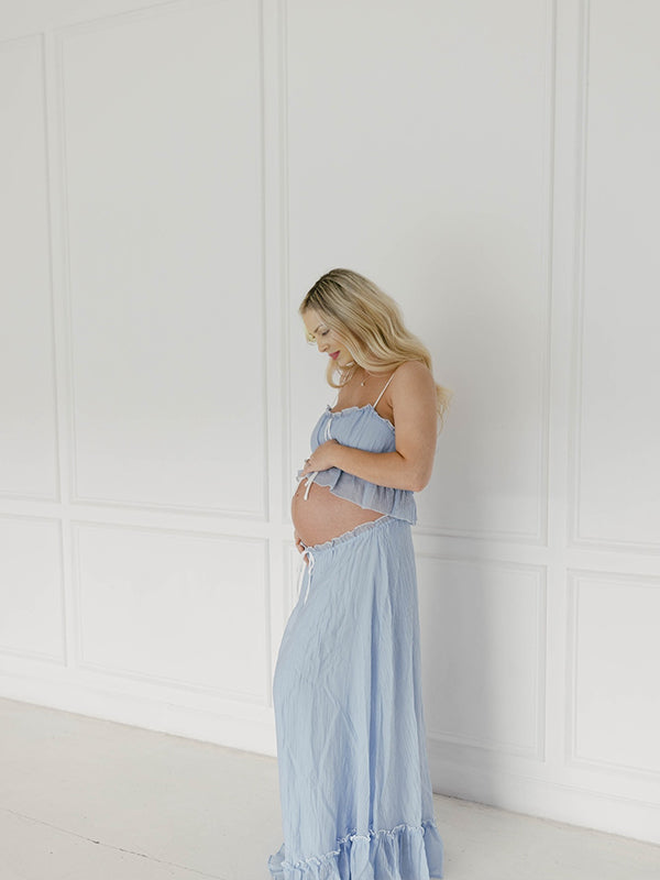 Blue Falbala Two Piece Set Cami Ruffle Crop Top And Big Swing Maxi Skirt Elegant Baby Moon Beach Maternity Photoshoot Baby Shower Maxi Dress