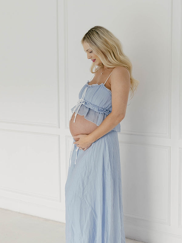 Blue Falbala Two Piece Set Cami Ruffle Crop Top And Big Swing Maxi Skirt Elegant Baby Moon Beach Maternity Photoshoot Baby Shower Maxi Dress