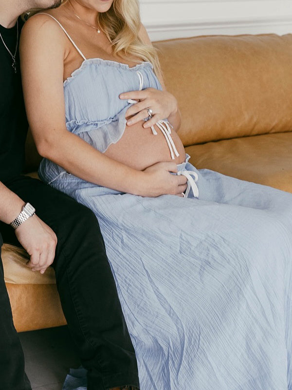 Blue Falbala Two Piece Set Cami Ruffle Crop Top And Big Swing Maxi Skirt Elegant Baby Moon Beach Maternity Photoshoot Baby Shower Maxi Dress