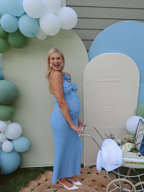 Crochet Hollow Out 3D Flowes Cut Out Halter Neck Cami Bodycon Elegant Baby Moon Beach Maternity Photoshoot Baby Shower Maxi Dress