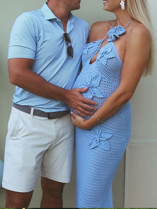 Crochet Hollow Out 3D Flowes Cut Out Halter Neck Cami Bodycon Elegant Baby Moon Beach Maternity Photoshoot Baby Shower Maxi Dress