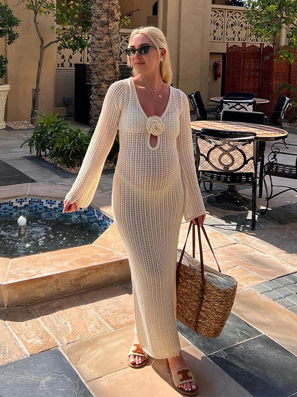 White Knitwear 3D Flower Cut Out Sheer Backless Beach Dress Vacation Photoshoot Maternity Maxi Dress