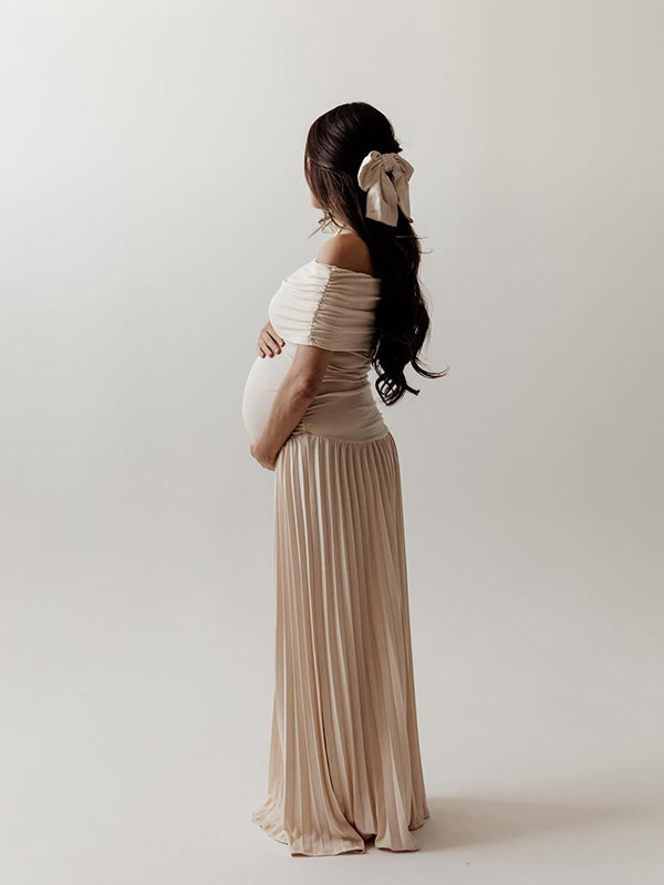 Apricot Off Shoulder Ruched Pleated Big Swing Maternity Baby Shower Maxi Dress