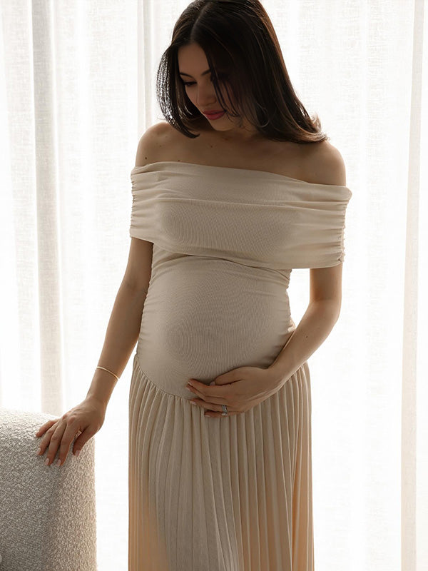 Apricot Off Shoulder Ruched Pleated Big Swing Maternity Baby Shower Maxi Dress