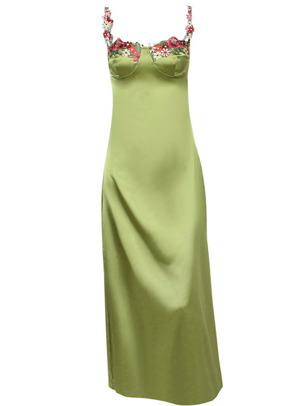 Green Satin Flowers Embroidery Floral Hem Cami Elegant Cocktail Party Maternity Photoshoot Baby Shower Maxi Dress