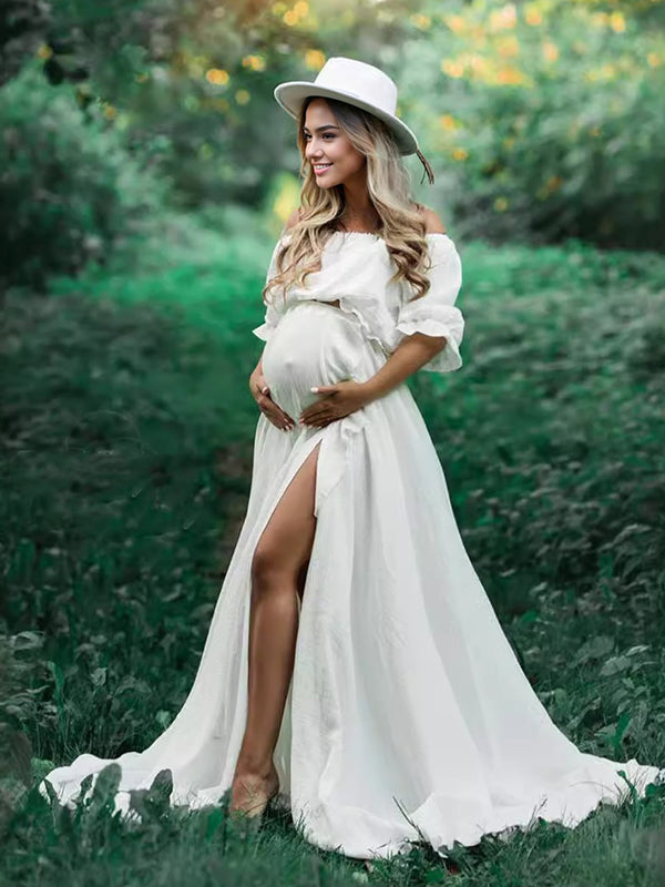 Solid Color Off Shoulder Backless Ruffle Crop Side Slit 2-in-1 Photoshoot Maternity Maxi Dress