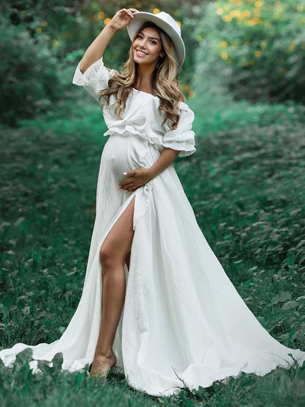 Solid Color Off Shoulder Backless Ruffle Crop Side Slit 2-in-1 Photoshoot Maternity Maxi Dress