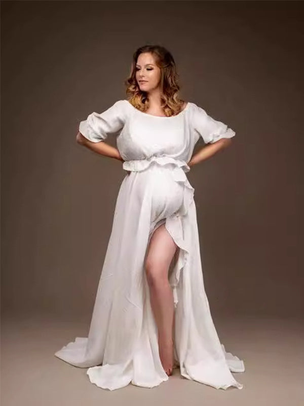 Solid Color Off Shoulder Backless Ruffle Crop Side Slit 2-in-1 Photoshoot Maternity Maxi Dress