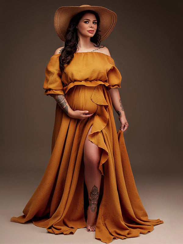 Solid Color Off Shoulder Backless Ruffle Crop Side Slit 2-in-1 Photoshoot Maternity Maxi Dress
