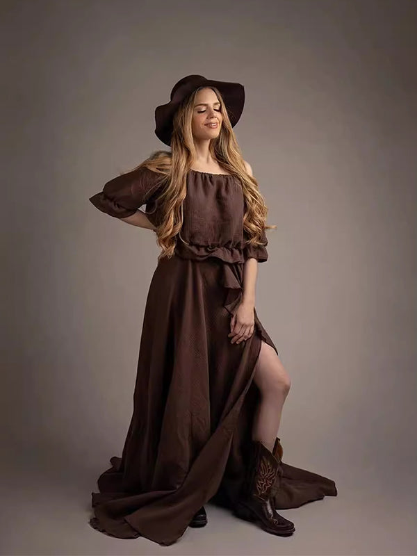 Solid Color Off Shoulder Backless Ruffle Crop Side Slit 2-in-1 Photoshoot Maternity Maxi Dress