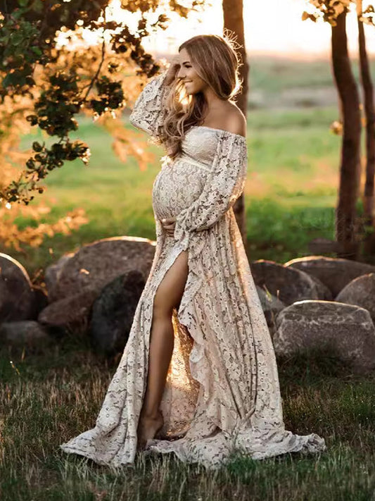Boho Lace Off Shoulder Lace Tassel Crop 2-in-1 Side Slit Ruffle Photoshoot Maternity Maxi Dress