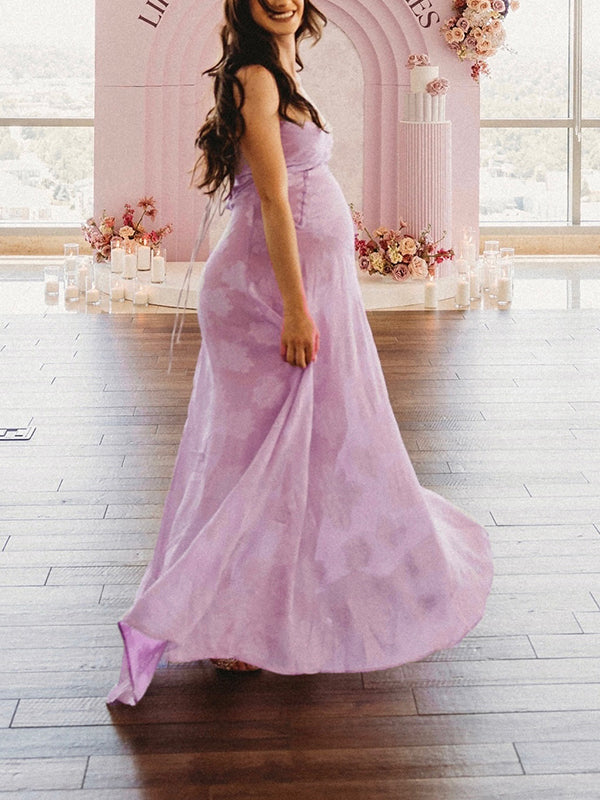 Violet Spaghetti Strap Backless Tie Back Big Swing Drawstring Baby Shower Maternity Maxi Dress