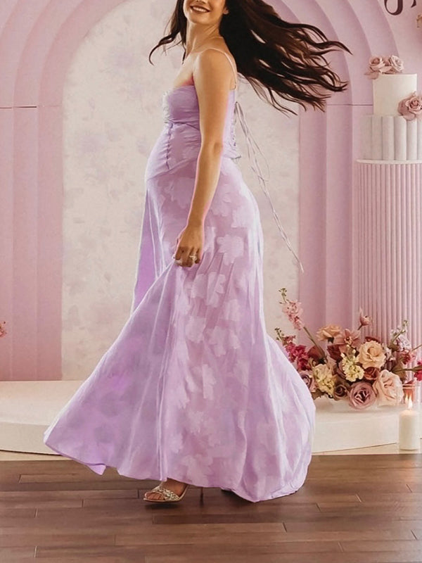 Violet Spaghetti Strap Backless Tie Back Big Swing Drawstring Baby Shower Maternity Maxi Dress