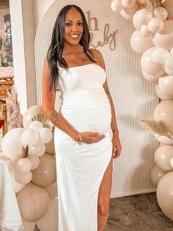 Solid Color One Spaghetti Strap Asymmetric Shoulder Irregular Side Slit Drawstring Bodycon Baby Shower Dress Maternity Maxi Dress