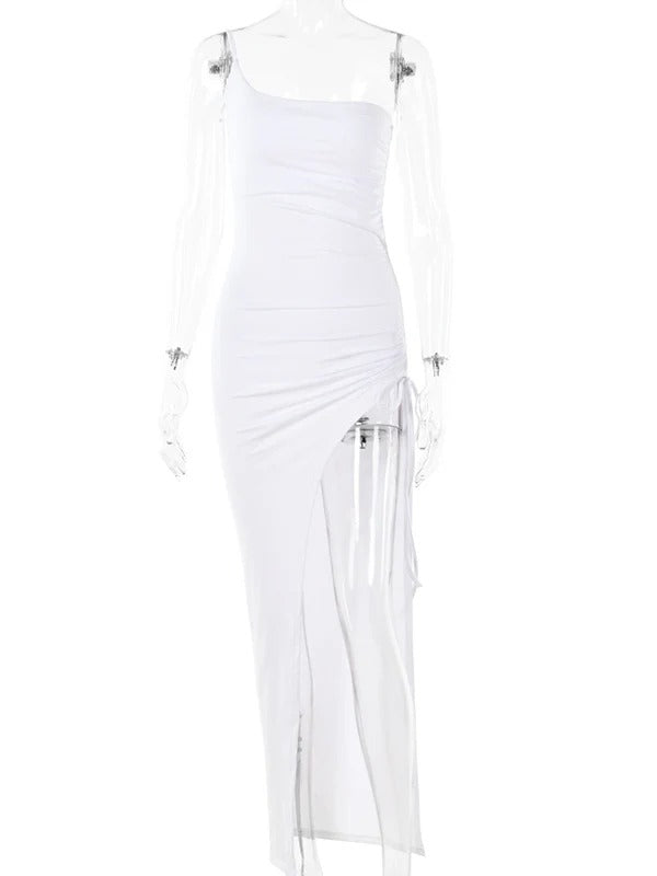 Solid Color One Spaghetti Strap Asymmetric Shoulder Irregular Side Slit Drawstring Bodycon Baby Shower Dress Maternity Maxi Dress