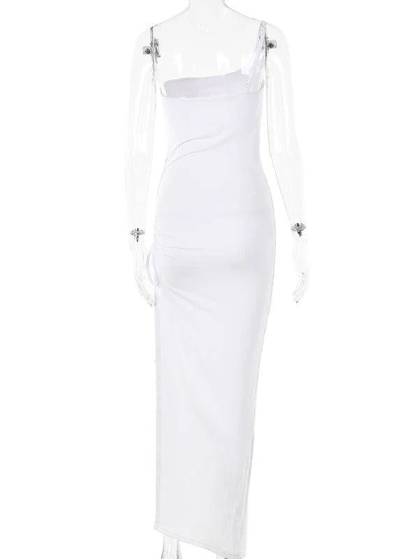 Solid Color One Spaghetti Strap Asymmetric Shoulder Irregular Side Slit Drawstring Bodycon Baby Shower Dress Maternity Maxi Dress