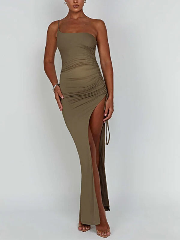 Solid Color One Spaghetti Strap Asymmetric Shoulder Irregular Side Slit Drawstring Bodycon Baby Shower Dress Maternity Maxi Dress